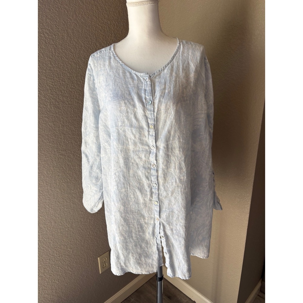 Tahari Womens 3X Linen Button Down Tunic Shirt Blue White Floral Roll Tab Sleeve